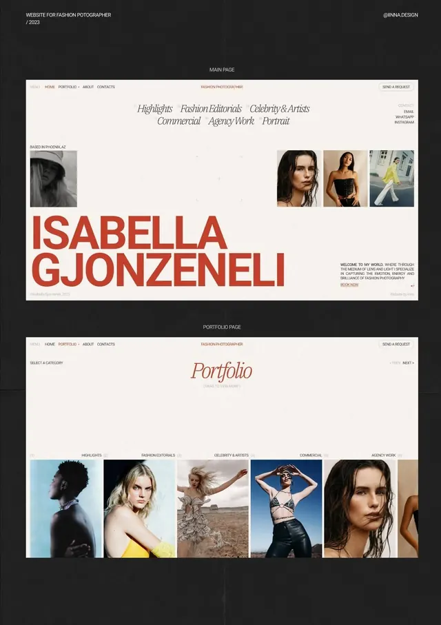 Isabella Gjonzenelli fashion photographer portfolio site, minimal, dark-mode, dark