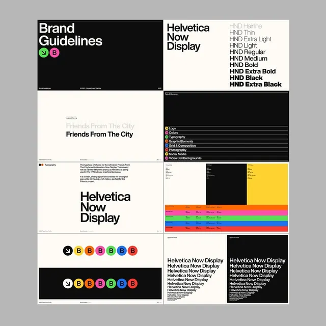 Brand Guidelines system poster, Helvetica Now Display, corporate-clean, geometric, dark