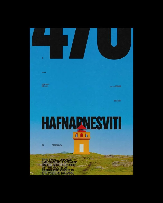 Hafnarnesviti Iceland travel poster with bold blue cutout type, editorial, photographic, high-contrast
