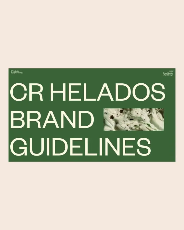 CR Helados brand guidelines cover with green and cream, corporate-clean, photographic, high-contrast