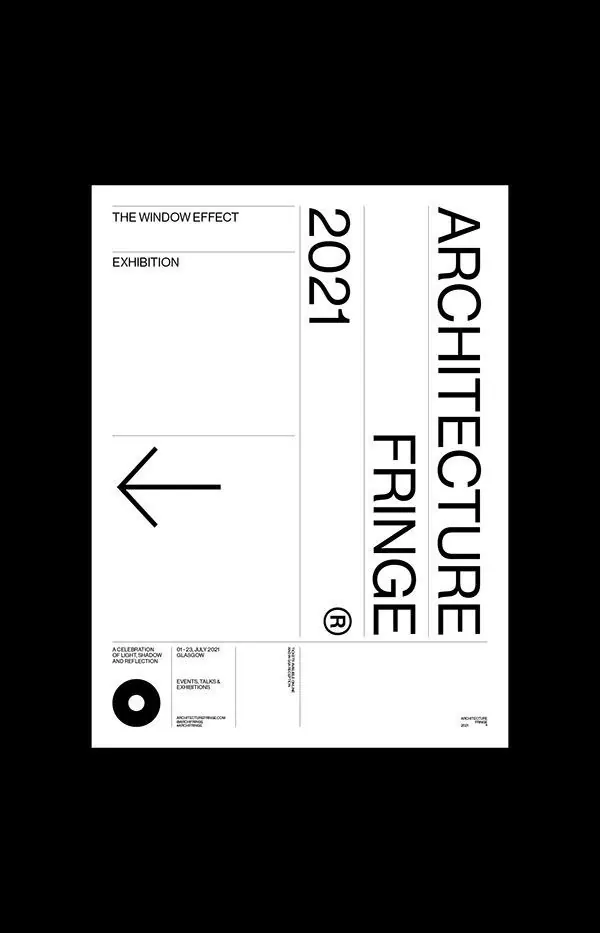 Architectural exhibition poster with rotated type blocks, minimal, swiss, dark