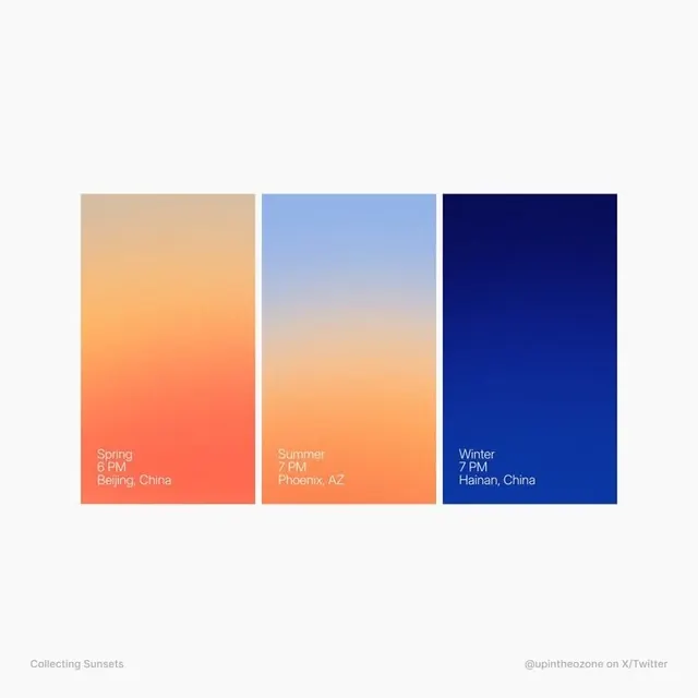 Three-panel seasonal gradient cards with location labels, minimal, gradient-heavy, warm