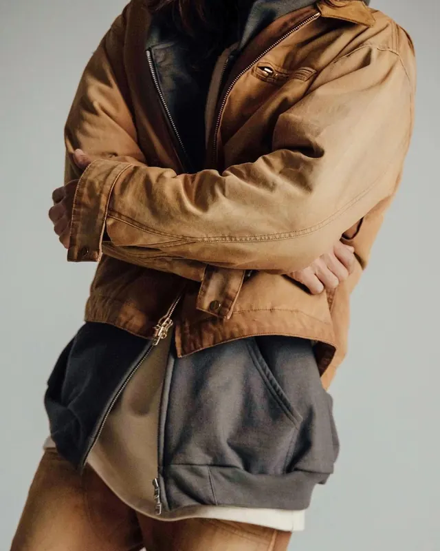 Layered Workwear Jacket Mockup, photographic, minimal, earthy