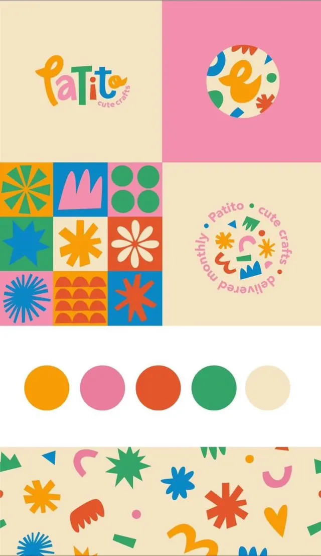 Playful retro pattern system with duck mascot, geometric, flat, warm