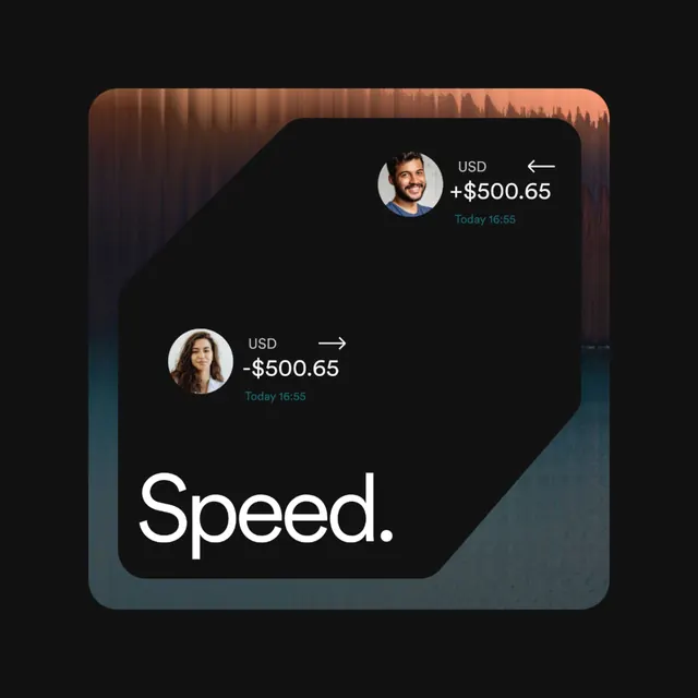Fintech transaction card with warm gradient, dark-mode, minimal, dark