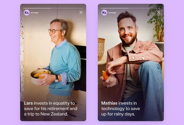 Fintech profile cards with narrative captions, minimal, playful, light
