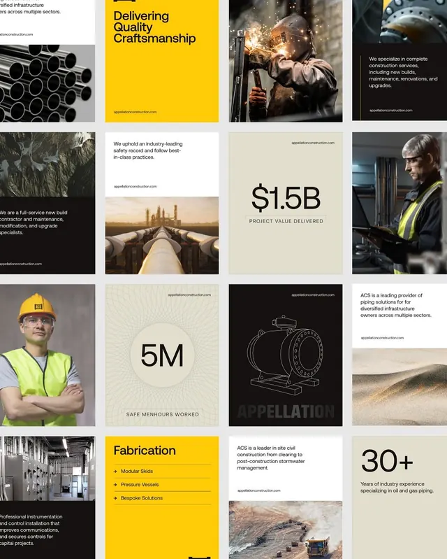 Industrial manufacturing grid, corporate-clean, minimal, dark