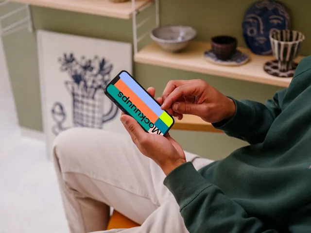 Phone product display in soft interior, photographic, minimal, cool