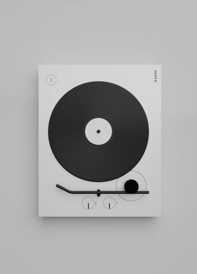 Sony turntable minimalist product design, minimal, swiss, dark