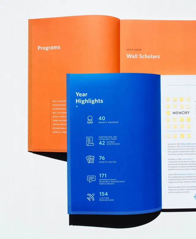 Layered orange-and-blue year highlights brochure, minimal, corporate-clean, warm