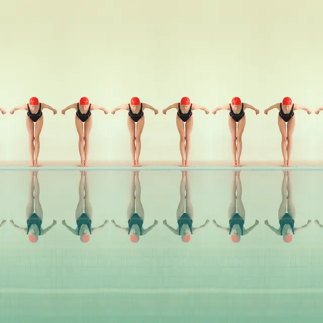 Synchronized Swimmers Reflection, minimal, photographic, light