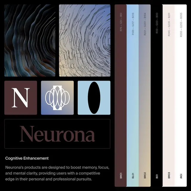 Neurona brand identity with texture swatches, minimal, corporate-clean, light