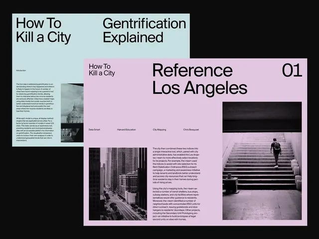 Split editorial spread on gentrification and urban policy, editorial, minimal, light