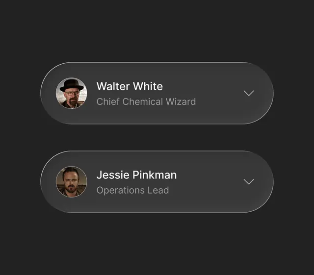 Dark-mode team directory with rounded profile cards, dark-mode, minimal, monochrome