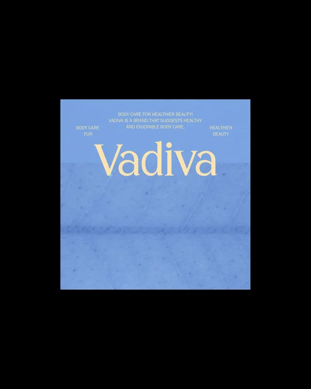 Vadiva skincare brand identity on gradient blue, minimal, luxury, cool
