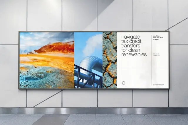 Split-panel renewable energy billboard, minimal, corporate-clean, warm