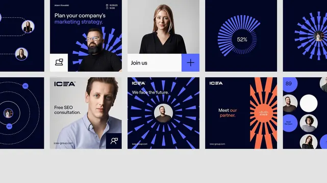 Dark blue and electric blue radial pattern grid, minimal, corporate-clean, dark