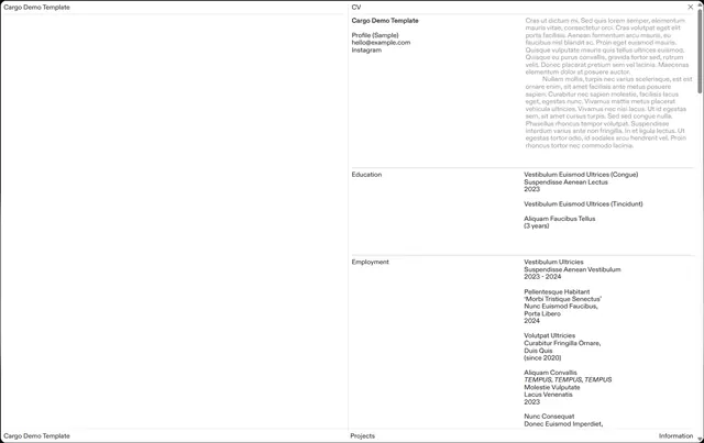 Monochrome two-column resume template, minimal, swiss, dark