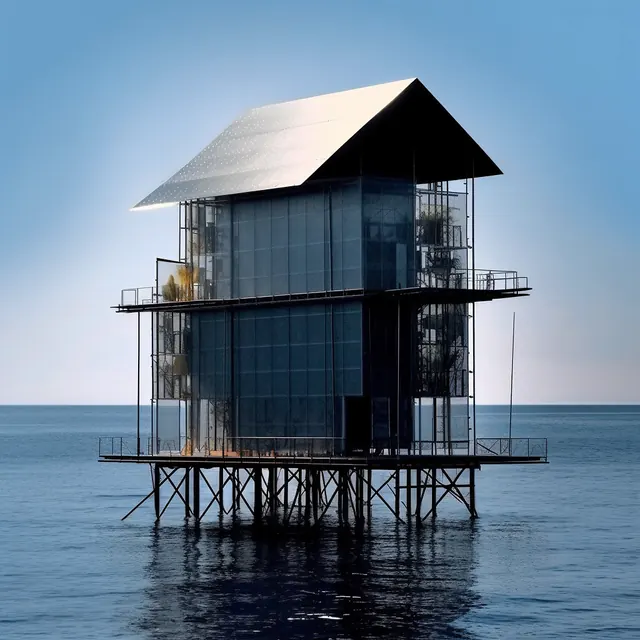 Modernist Glass House on Water, minimal, luxury, cool