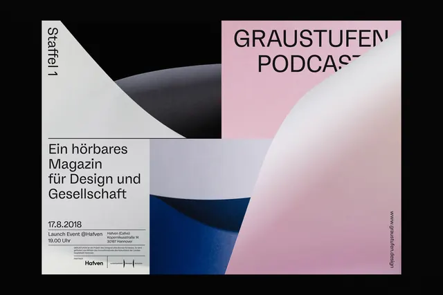 Graustufen Podcast Magazine Layout, minimal, swiss, high-contrast