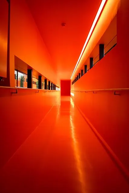 Red Corridor Perspective, minimal, geometric, vibrant