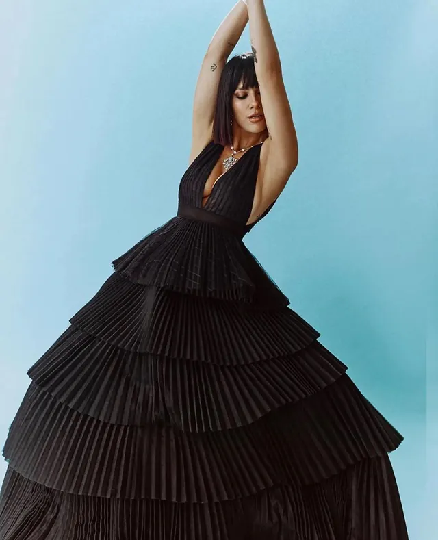 Woman in Tiered Black Gown, photographic, luxury, high-contrast