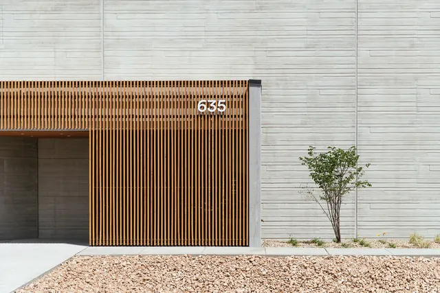 Modern Architectural Facade with Vertical Slats, minimal, geometric, muted