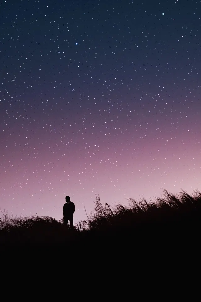 Silhouette of a Person Under a Starry Night Sky, minimal, photographic, dark
