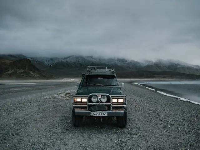 Off-Road Vehicle in Snowy Landscape, photographic, minimal, muted
