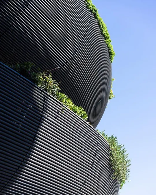 Curved Slat Architecture with Greenery, minimal, organic, dark