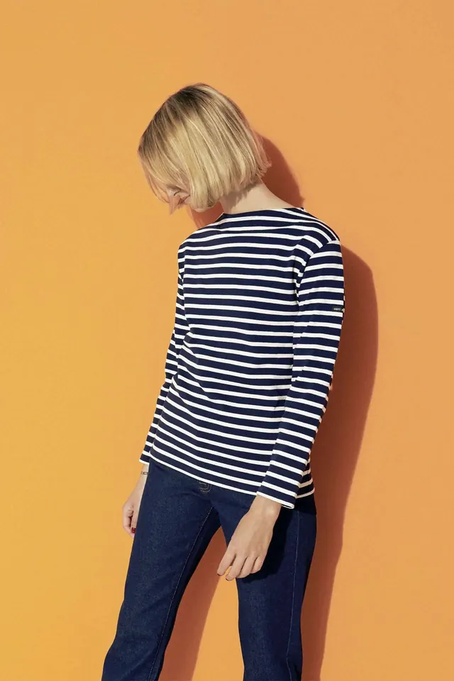 Woman in Striped Shirt Portrait, minimal, photographic, vibrant