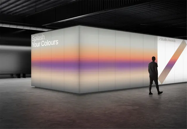 Gradient-saturated illuminated installation display, minimal, gradient-heavy, light