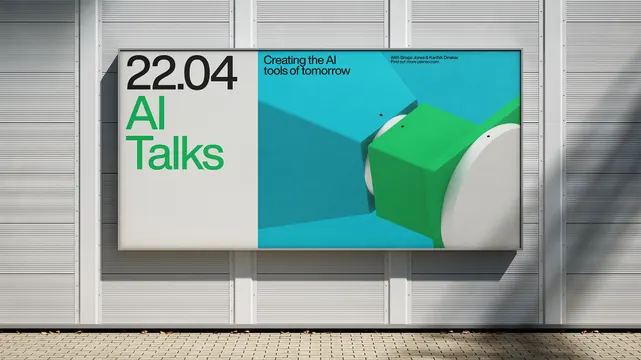 Minimalist mounted sign: AI conference identity, minimal, corporate-clean, light