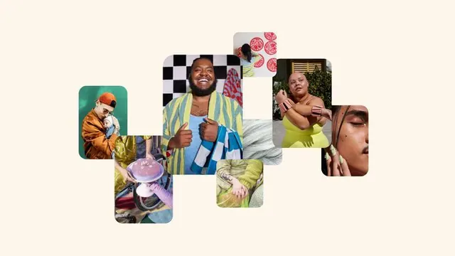 Diverse portrait collage with asymmetric tiles, photographic, geometric, warm
