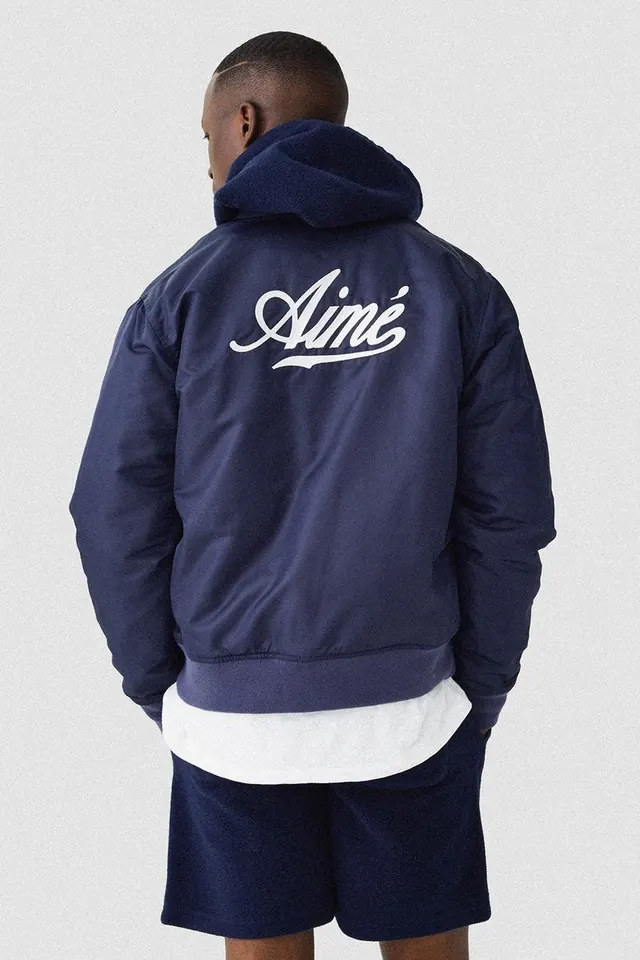Navy hoodie and shorts with script back-print, minimal, monochrome, cool