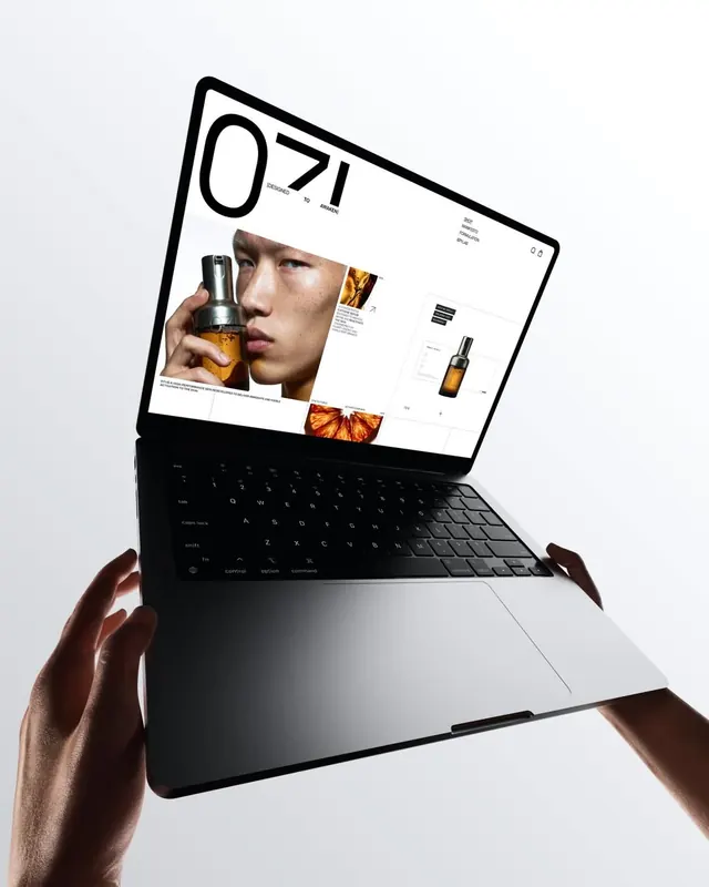 Laptop Mockup with Editorial UI Design, minimal, editorial, dark