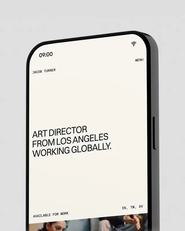 Mobile portfolio mockup with sans-serif typography, minimal, technical, light