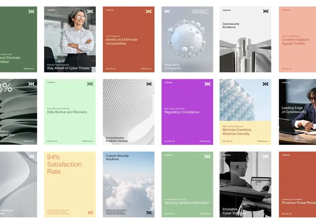 Grid of minimal presentation slides: cybersecurity focus, minimal, corporate-clean, light