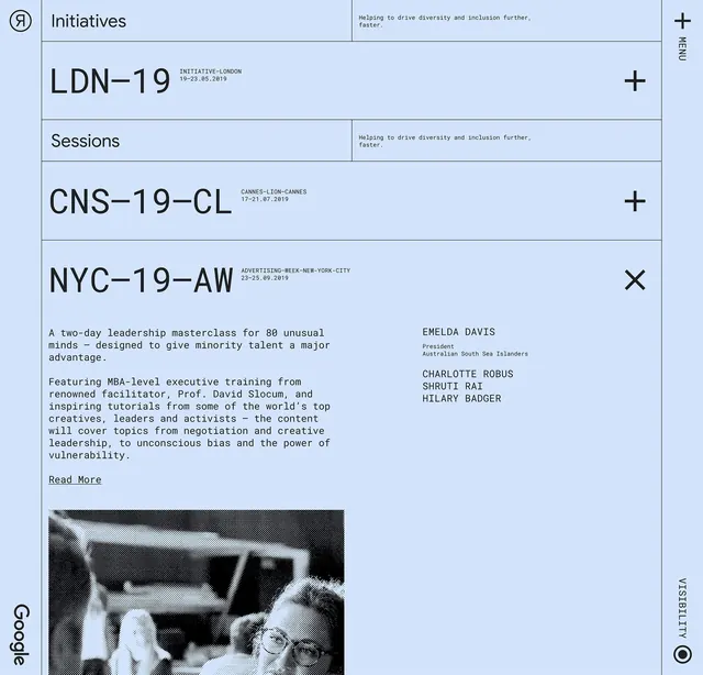 Event grid directory with organizational headers, corporate-clean, minimal, light