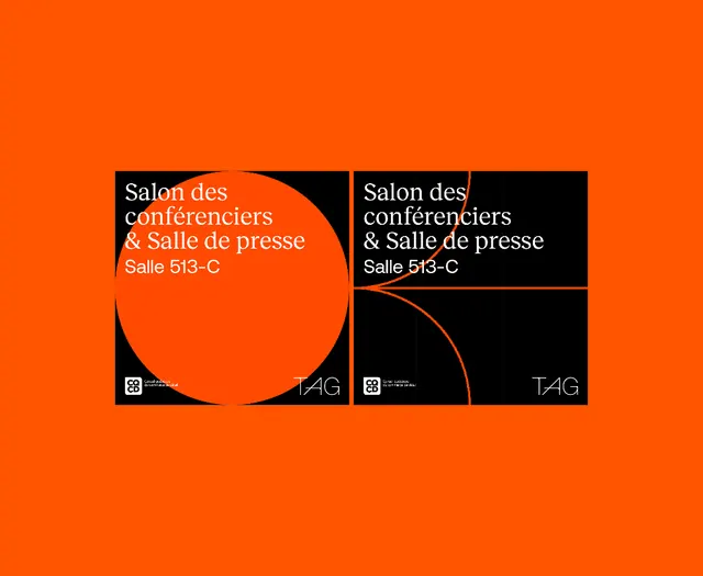 Conference event signage with bold orange and black geometry, minimal, geometric, warm