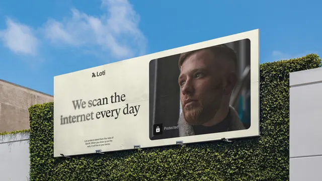 Security billboard with portrait and hedge backdrop, minimal, corporate-clean, light