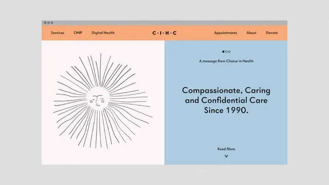 Split-panel healthcare clinic site header, minimal, line-art, pastel