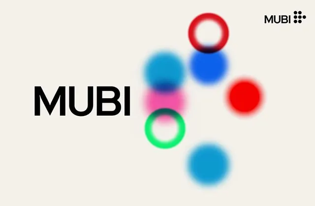 MUBI wordmark with blurred-circle system, minimal, abstract, vibrant