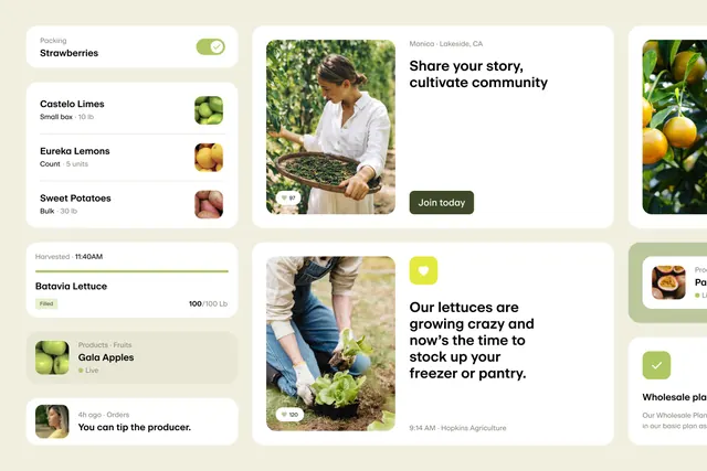 Organic produce app with warm photography, minimal, organic, light