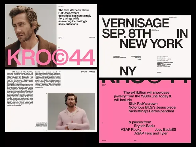 Editorial magazine spread with hot pink typography, editorial, photographic, high-contrast