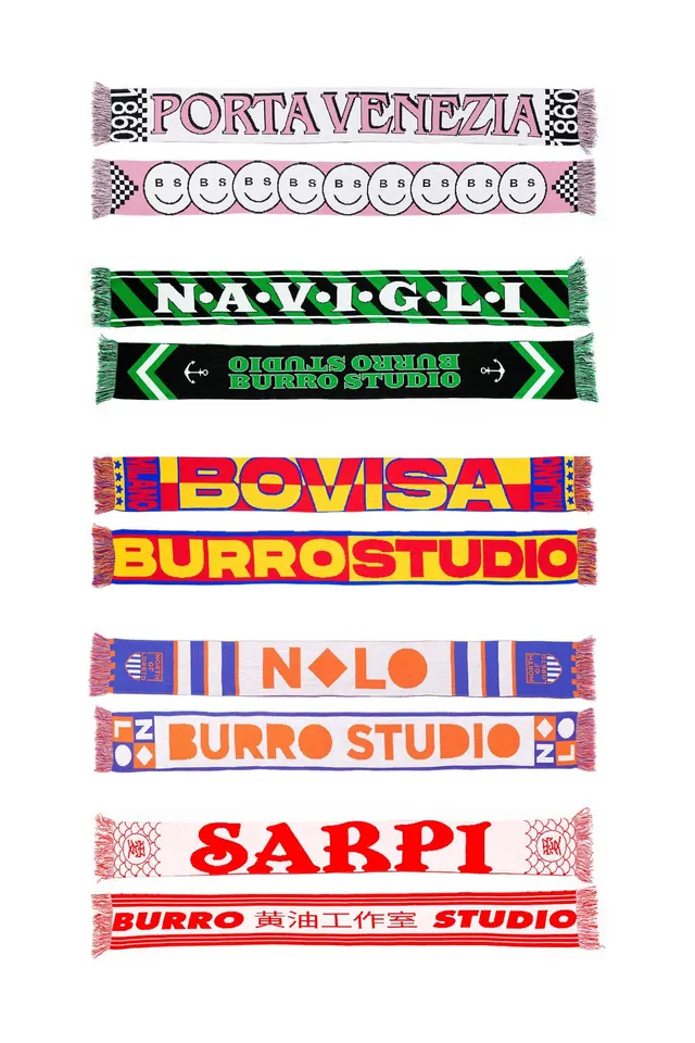 Retro striped ribbon banners with studio names, retro, maximalist, vibrant