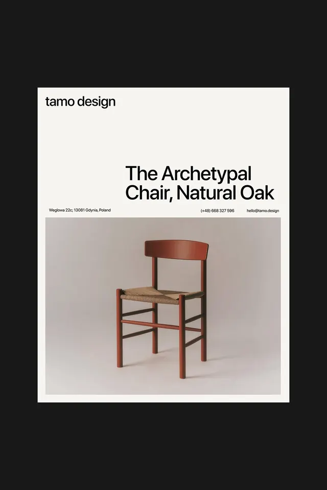 Minimalist furniture product card with bold headline, minimal, corporate-clean, light