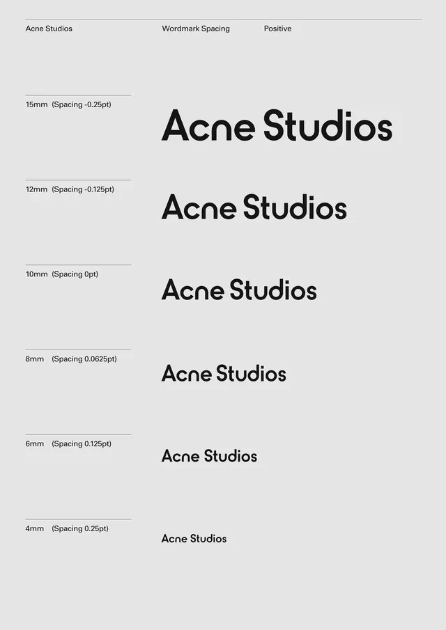 Font spacing reference specimen for Acne Studios typeface, technical, minimal, light