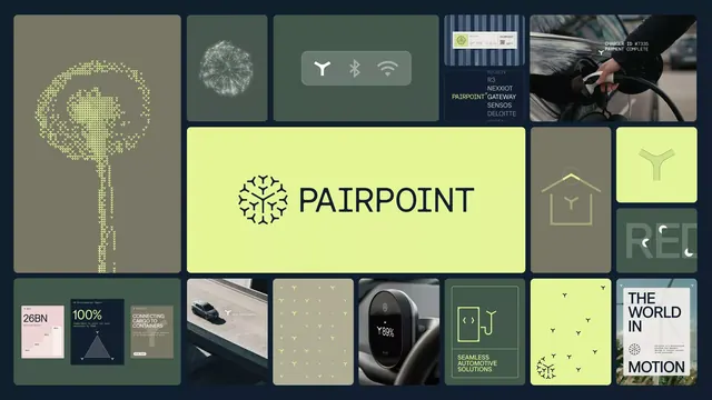 Tech mood-board grid with lime accent logo, minimal, corporate-clean, light