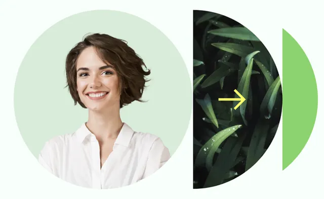 Portrait and botanical split-circle comparison, minimal, geometric, light